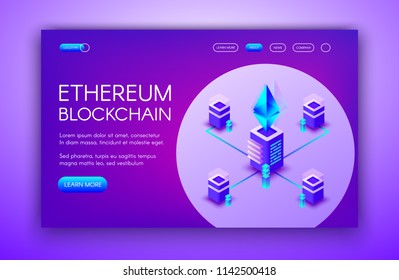 Ethereum cryptocurrency vector illustration of blockchain servers on Ether mining farm. Digital crypto currency and e-business technology on purple ultraviolet background