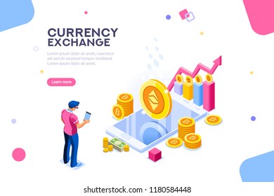 Ethereum cryptography or transaction code. Block chain infographic, trade page for exchange cryptocurrency. Concept with characters and text. Flat isometric images, blockchain vector illustration.