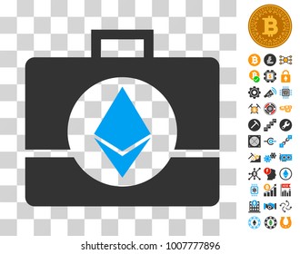 Ethereum Crystal Case icon with bonus bitcoin mining and blockchain icons. Vector illustration style is flat iconic symbols. Designed for crypto currency software.