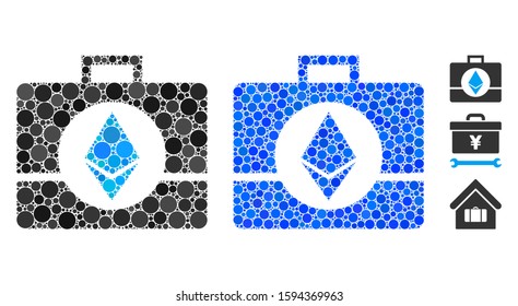 Ethereum crystal case mosaic of circle elements in variable sizes and color hues, based on Ethereum crystal case icon. Vector circle elements are composed into blue composition.