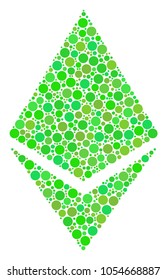 Ethereum Crystal composition of dots in various sizes and ecological green color tinges. Vector circle elements are organized into ethereum crystal composition. Ecology vector illustration.