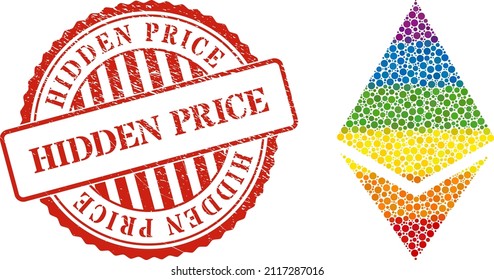 Ethereum crystal composition icon of round items in various sizes and spectrum color tinges. Red round distress stamp with Hidden Price title.