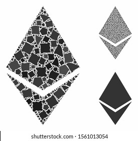 Ethereum crystal composition of rough pieces in various sizes and color tinges, based on Ethereum crystal icon. Vector raggy pieces are composed into composition.