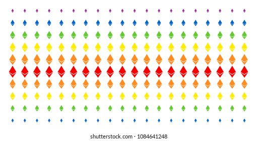 Ethereum Crystal icon rainbow colored halftone pattern. Vector symbols organized into halftone grid with vertical spectral gradient. Constructed for backgrounds, covers,