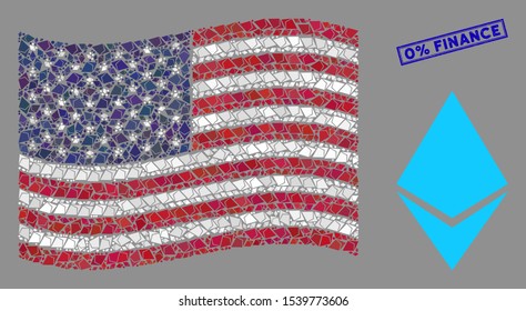 Ethereum crystal items are arranged into American flag abstraction with blue rectangle grunge stamp watermark of 0% Finance text.
