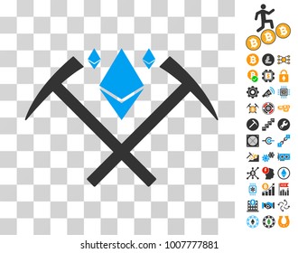 Ethereum Crystal Mining Hammers icon with bonus bitcoin mining and blockchain pictures. Vector illustration style is flat iconic symbols. Designed for blockchain ui toolbars.
