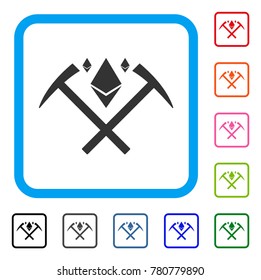 Ethereum Crystal Mining Hammers icon. Flat gray iconic symbol inside a blue rounded frame. Black, gray, green, blue, red, orange color variants of Ethereum Crystal Mining Hammers vector.