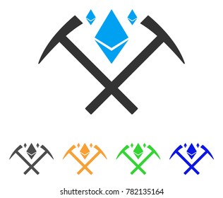 Ethereum Crystal Mining Hammers icon. Vector illustration style is a flat iconic ethereum crystal mining hammers symbol with grey, green, blue, yellow color variants.