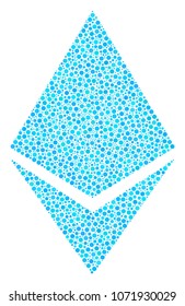 Ethereum Crystal mosaic of dots in variable sizes and color hues. Circle dots are combined into ethereum crystal vector composition. Dotted vector design concept.