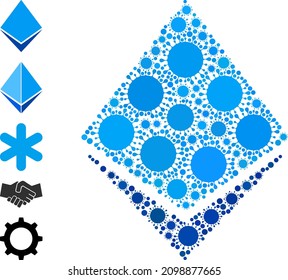 Ethereum crystal mosaic icon. Vector mosaic is constructed of scattered virulent parts. Virulent mosaic ethereum crystal icon, and additional icons. Ethereum crystal collage for pandemic templates.