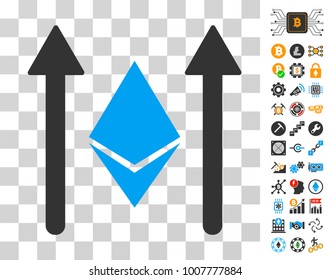 Ethereum Crystal Send Arrows icon with bonus bitcoin mining and blockchain pictographs. Vector illustration style is flat iconic symbols. Designed for blockchain software.