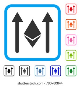 Ethereum Crystal Send Arrows icon. Flat gray iconic symbol in a blue rounded rectangle. Black, gray, green, blue, red, orange color variants of Ethereum Crystal Send Arrows vector.