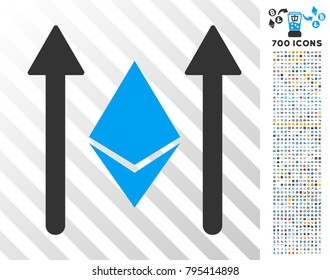 Ethereum Crystal Send Arrows icon with 700 bonus bitcoin mining and blockchain clip art. Vector illustration style is flat iconic symbols designed for cryptocurrency software.