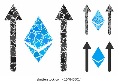 Ethereum crystal send arrows mosaic of rugged elements in different sizes and color hues, based on Ethereum crystal send arrows icon. Vector raggy elements are composed into mosaic.