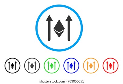 Ethereum Crystal Send Arrows rounded icon. Style is a flat grey symbol inside light blue circle with additional color versions.