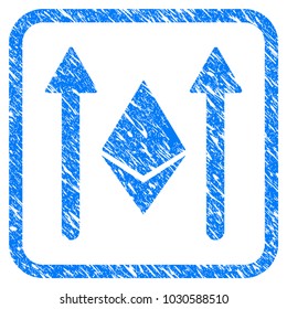 Ethereum Crystal Send Arrows rubber seal stamp imitation. Icon vector symbol with grunge design and corrosion texture inside rounded frame. Scratched blue stamp imitation on a white background.