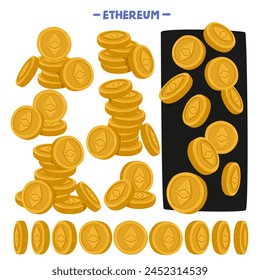 Ethereum Currency Coins, Known As Ether or Eth, Are Digital Assets Used On The Ethereum Blockchain For Transactions, Smart Contracts, And Decentralized Applications Dapps. Cartoon Vector Illustration