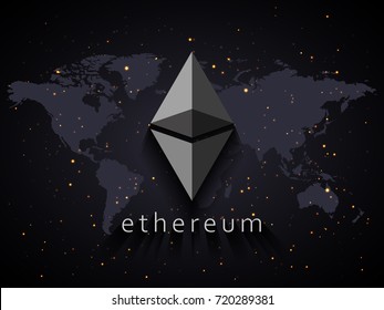 Ilustração de moeda Ethereum baseada no mapa do mundo e espaço com estrelas fundo