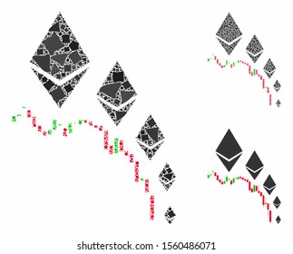 Ethereum deflation chart composition of joggly parts in variable sizes and color tinges, based on Ethereum deflation chart icon. Vector joggly items are united into collage.