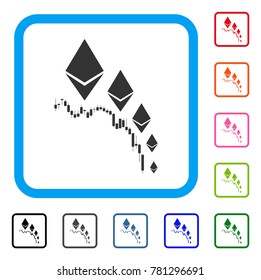 Ethereum Deflation Chart icon. Flat gray pictogram symbol inside a blue rounded rectangular frame. Black, gray, green, blue, red, orange color variants of Ethereum Deflation Chart vector.