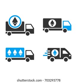 Ethereum Delivery Car vector icon set. Style is bicolor flat symbols.