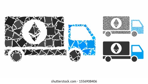 Ethereum delivery lorry composition of ragged parts in variable sizes and color tints, based on Ethereum delivery lorry icon. Vector ragged parts are grouped into collage.
