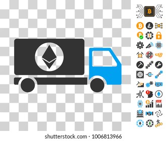 Ethereum Delivery Lorry pictograph with bonus bitcoin mining and blockchain design elements. Vector illustration style is flat iconic symbols. Designed for bitcoin websites.