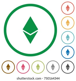 Ethereum digital cryptocurrency flat color icons in round outlines on white background