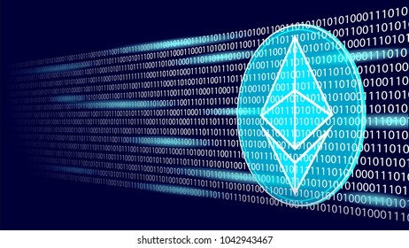 Ethereum digital cryptocurrency sign binary code number. Big data information mining technology. Blue glowing abstract web internet electronic payment vector illustration