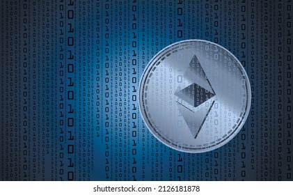 Ethereum digital cryptocurrency, sign binary code number. Background binary code. Big data mining technology. Blue glowing abstract vector illustration of online electronic payments. Vector 
