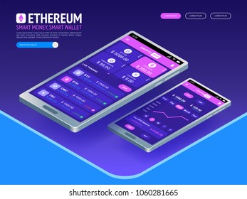 Ethereum digital currency. Futuristic digital money. Isometric mobile application. Vector illustration 