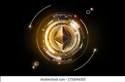 Ethereum digital currency, futuristic digital money, gold technology worldwide network concept, vector illustration