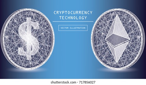 Ethereum digital currency vector icons and symbols. Crypto currency token coins with Ethereum and dollar symbols. Peer to peer network digital payment system. Blockchain cryptocurrency concept.