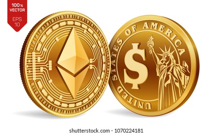 Ethereum. Dollar coin. 3D isometric Physical coins. Digital currency. Cryptocurrency. Golden coins with Ethereum and Dollar symbol isolated on white background. Vector illustration.