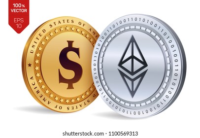 Ethereum. Dollar coin. 3D isometric Physical coins. Digital currency. Cryptocurrency. Golden and silver coins with Ethereum and Dollar symbol isolated on white background. Vector illustration.