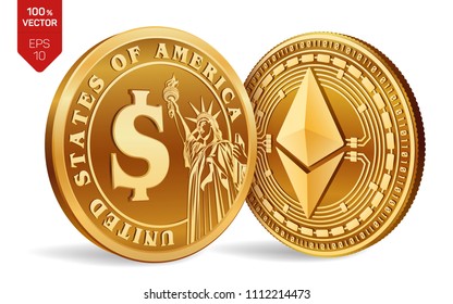 Ethereum. Dollar coin. 3D isometric Physical coins. Digital currency. Cryptocurrency. Golden coins with Ethereum and Dollar symbol isolated on white background. Vector illustration.