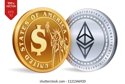Ethereum. Dollar coin. 3D isometric Physical coins. Digital currency. Cryptocurrency. Golden and silver coins with Ethereum and Dollar symbol isolated on white background. Vector illustration.