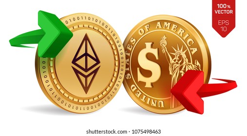 Ethereum to dollar currency exchange. Cryptocurrency. Golden coins with Ethereum and Dollar symbol with green and red arrows. 3D isometric Physical coins. Vector illustration.
