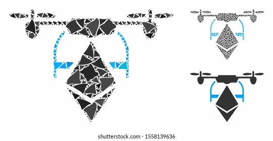 Ethereum drone mosaic of rough elements in variable sizes and color hues, based on Ethereum drone icon. Vector humpy elements are composed into mosaic.