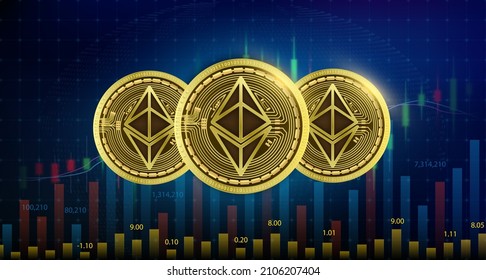 Ethereum ETH 3 coin 3D Vector illustration. Cryptocurrency blockchain Future digital currency replacement technology alternative. Silver golden virtual currency with growth share chart is background. 