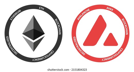 Ethereum ETH y Avalanche AVAX cripto logos. Plantilla de ilustración de vector de conjunto de símbolos de criptodivisa