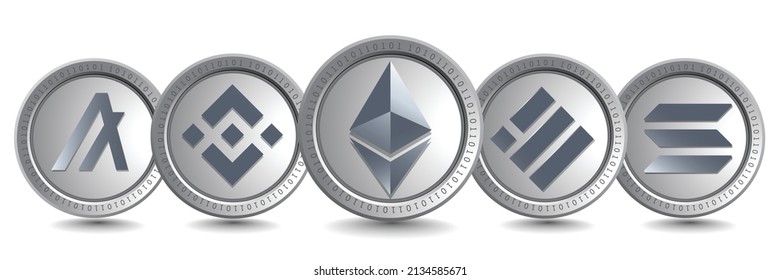 Ethereum (ETH), Binance Coin (BNB), Algorand (ALGO), Binance USD (BUSD) and Solana (SOL) cryptocurrency logo symbols. Isolated Crypto silver coins metallic vector template. 