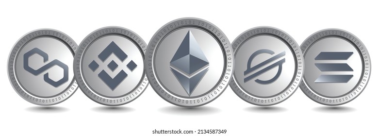 Ethereum (ETH), Binance Coin (BNB), Polygon (MATIC), Stellar und Solana (SOL) verschlüsselte Logosymbole. Isolierte Kryptosilber-Münzen metallische Vektorvorlage. Blockkettenbasiert.