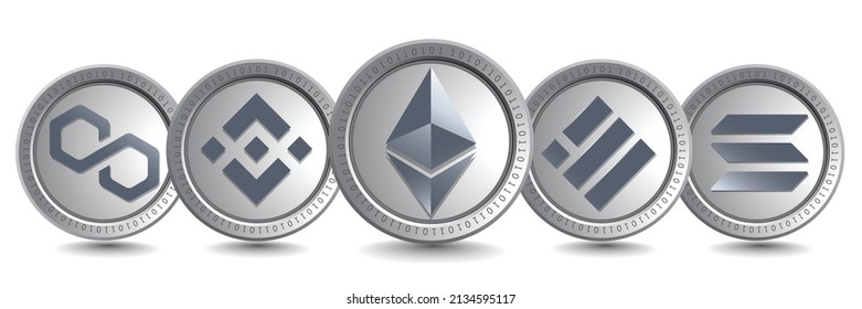Ethereum (ETH), Binance Coin (BNB), Binance USD (BUSD), Polygon (MATIC) and Solana (SOL) cryptocurrency logo symbols. Isolated Crypto silver coins metallic vector template.