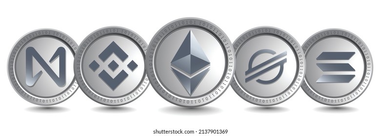 Ethereum ETH, Binance Coin BNB, Axie Infinity AXS, Stellar XLM and Solana SOL cryptocurrency logo symbols. Isolated Crypto silver coins metallic vector template. 