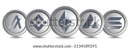 Ethereum ETH, Binance Coin BNB, Avalanche AVAX, Algorand ALGO and Solana SOL cryptocurrency logo symbols. Isolated Crypto silver coins metallic vector template. Block chain based decentralized coins.