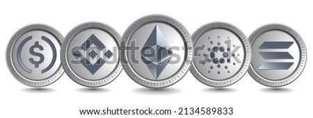 Ethereum ETH, Binance Coin BNB, USD Coin USDC, Cardano ADA and Solana SOL cryptocurrency logo symbols. Isolated Crypto silver coins metallic vector template. Block chain based decentralized crypto.