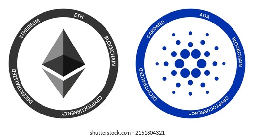 Ethereum ETH and Cardano ADA crypto logos. Cryptocurrency symbol set vector illustration template