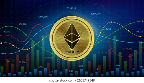 Ethereum ETH coin cryptocurrency blockchain Future digital currency replacement technology. Symbol of modern digital gold and money. chart, stock numbers up down in background. 3D Vector illustration.