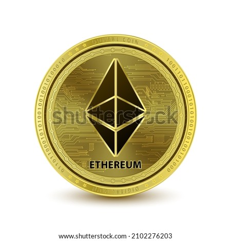 Ethereum ETH Coin on white background cryptocurrency blockchain (crypto currency) digital currency, alternative currency. 3D Vector illustration Silver golden. Symbol of modern digital gold and money.